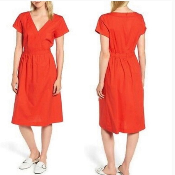 J. Crew Dresses & Skirts - J.Crew Short Sleeve V-Neck Cotton Poplin Midi Dress Red Orange Bright Cerise 6